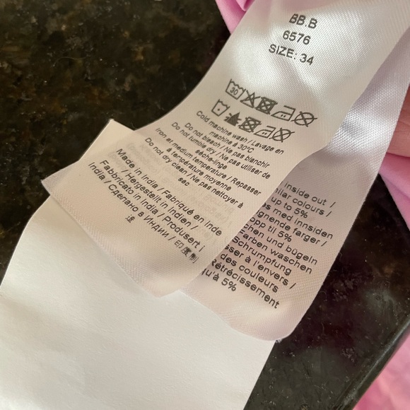 Ganni V-neck puff shoulder color block midi dress in Phlox pink. - Picture 9 of 12